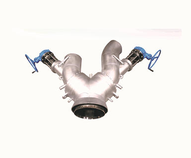 Reversing valve at the bottom of jacketed kettle (trouser type three-way valve)